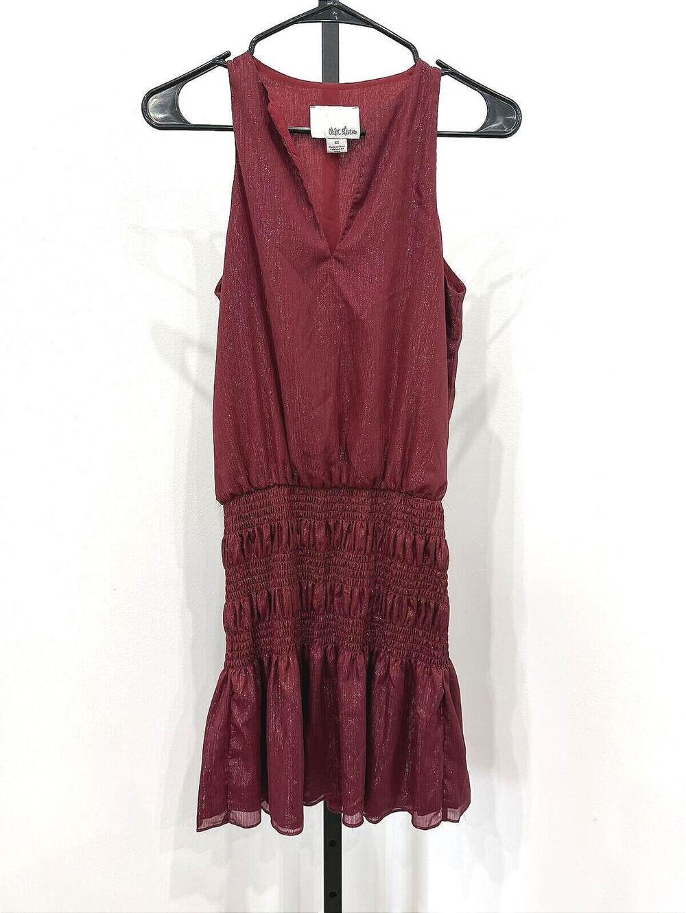 Chloe Oliver XS Burgundy Sleeveless Dress with Smocked Waist and Ruffle Hem